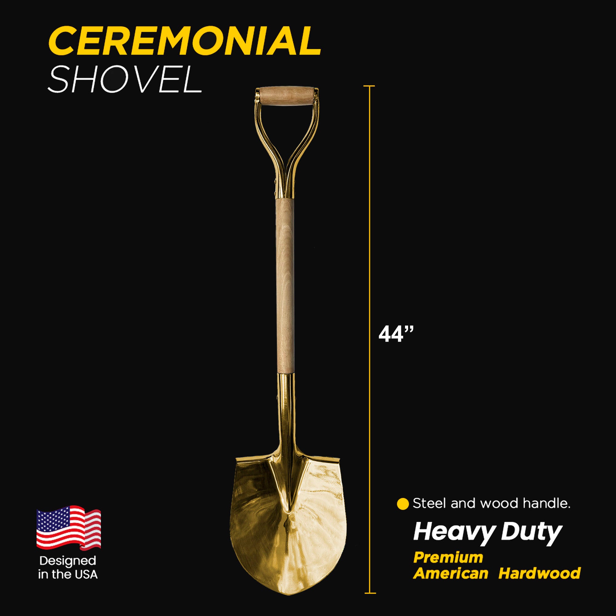 Terra Tools Professional Polished Groundbreaking shovel - Gold Ceremonial Shovel with Wood D-Handle